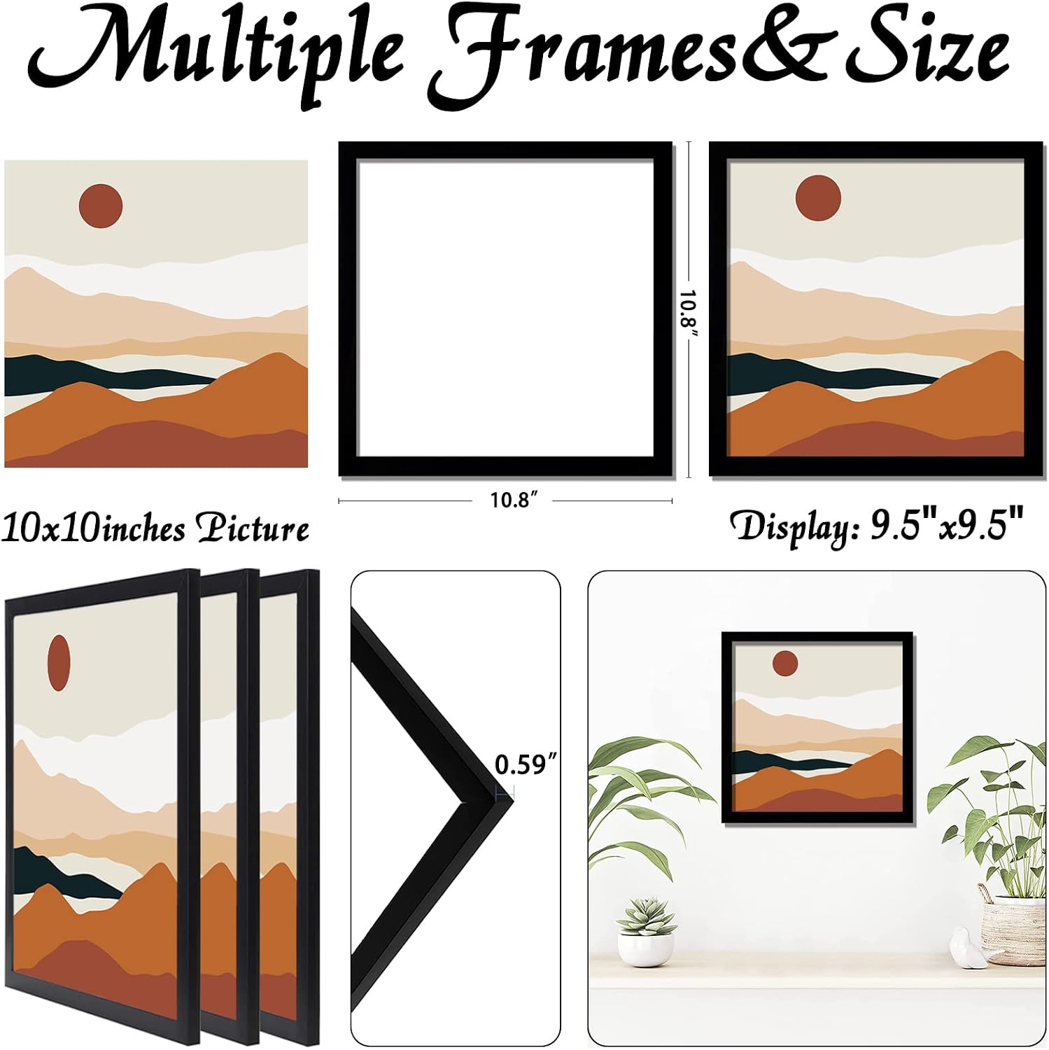 Black 10x10 Picture Frame Set of 3, High Transparent Frame for 10 By 10 Square Photo Collage Canvas Poster Size Wall Mount and Tabletop Horizontally Vertically (Black, 10 x 10 inches) image 3