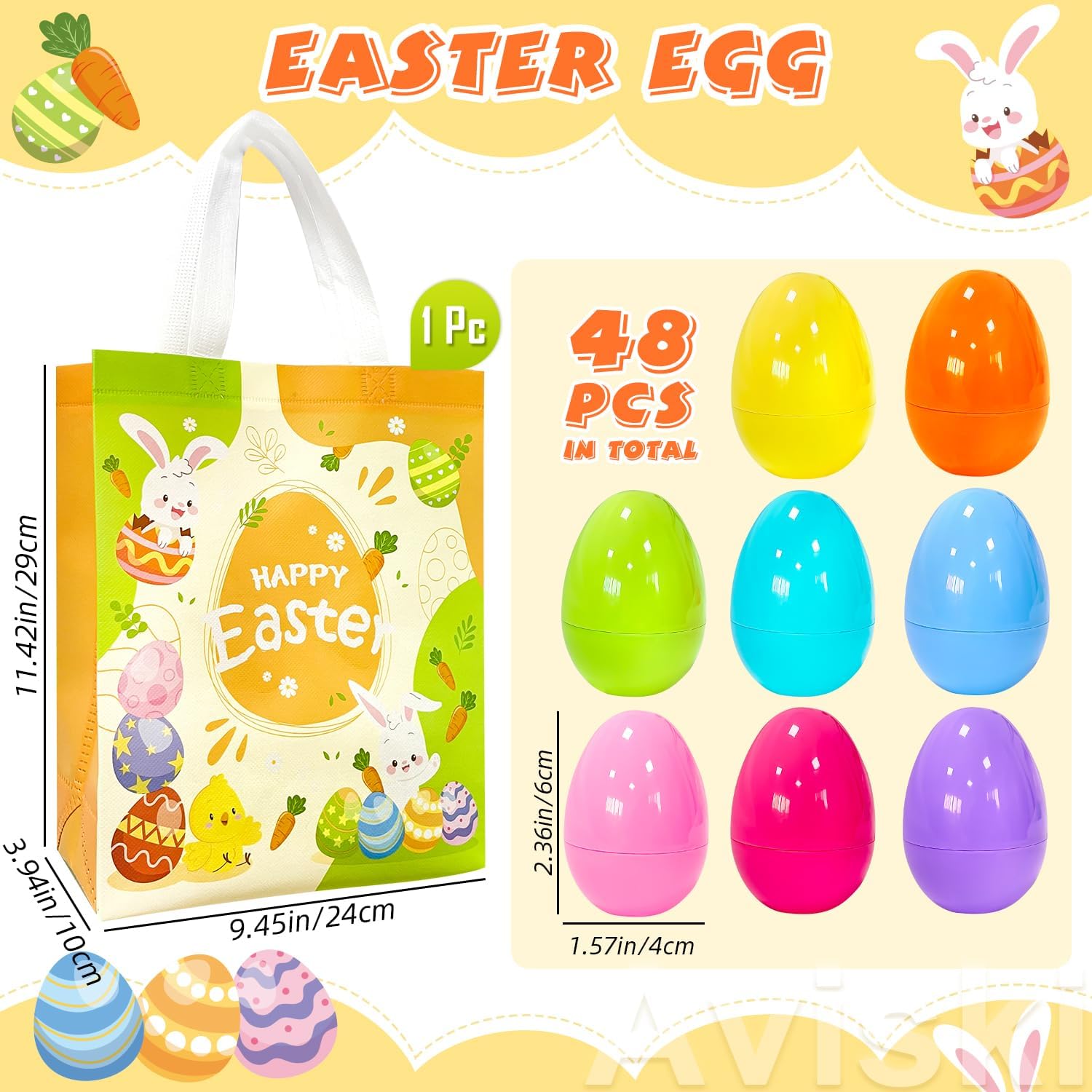 Aviski 48Pcs 2.36inch Colorful Easter Plastic Eggs for Kids Egg Hunt Basket Bag Empty Stuffers Fillers with 1pc Cute Non Woven Bags, Toys Filling Treats and Easter Theme Party Supplies Favor