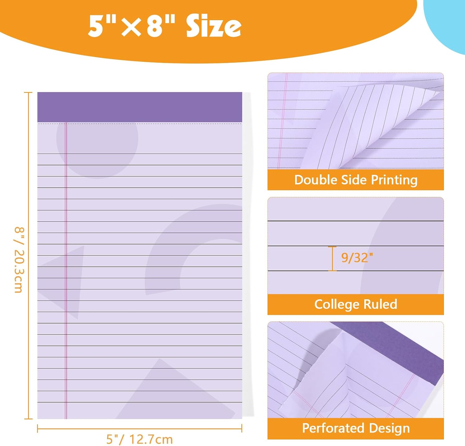 Thboxes 5 Pack Note Pad 5x8, 200 Sheets Colored Notepad Perforated Small Notepad College Ruled Writing Pad for To-Do Lists Grocery List Shopping List, 40 Sheets(Purple, Pink, Blue, Yellow, Orange) - Image 3