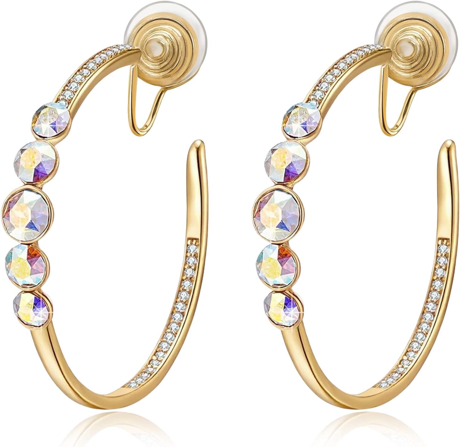 EVEVIC Austrian Crystal Clip On Hoop Earrings for Women Trendy 14K Gold Plated Hypoallergenic Half Hoops Earring Non Pierced Jewelry Gifts