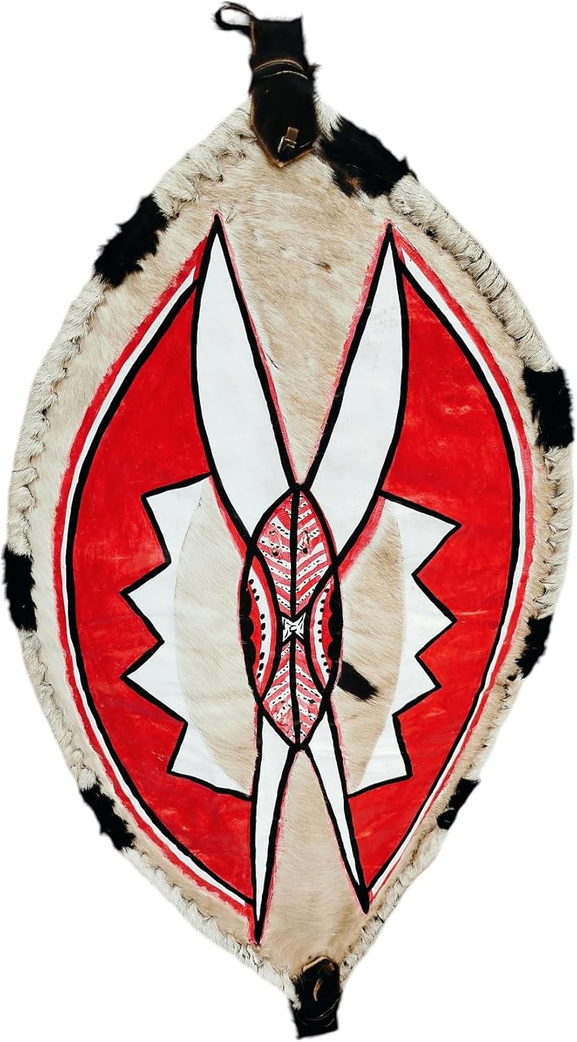 vsn 20 Authentic Handcrafted African Leather Shield - Oval/Round Shield Kenya south brown white Traditional native Maasai Shield Handpainted Leather Handmade Wall Decoration (Large)