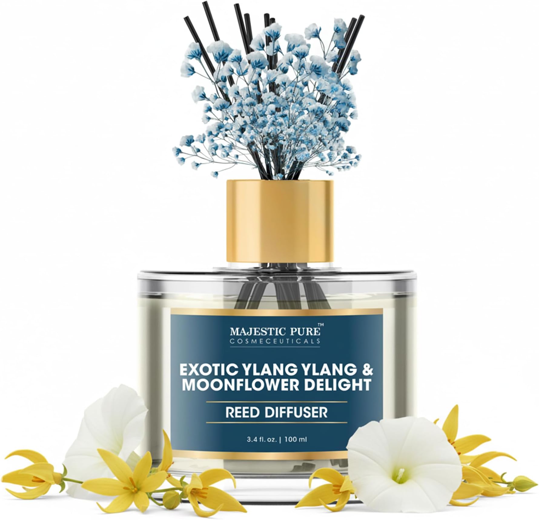 Majestic Pure Ylang Ylang & Moonflower Reed Diffuser 100ml - Natural Aromatherapy Home Fragrance, Essential Oil Air Freshener with Reed Sticks for Bathroom, Living Room & Office