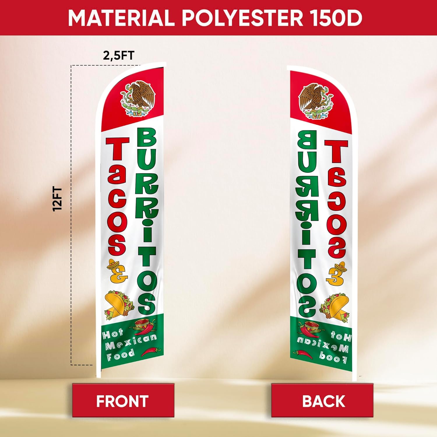 Feather Flag - Taco Sign - Taco Flag for Business and House - Tacos and Burritos Advertising Flags for Mexican Restaurants and Fairs 12ft x 2.5ft (Pole not included)