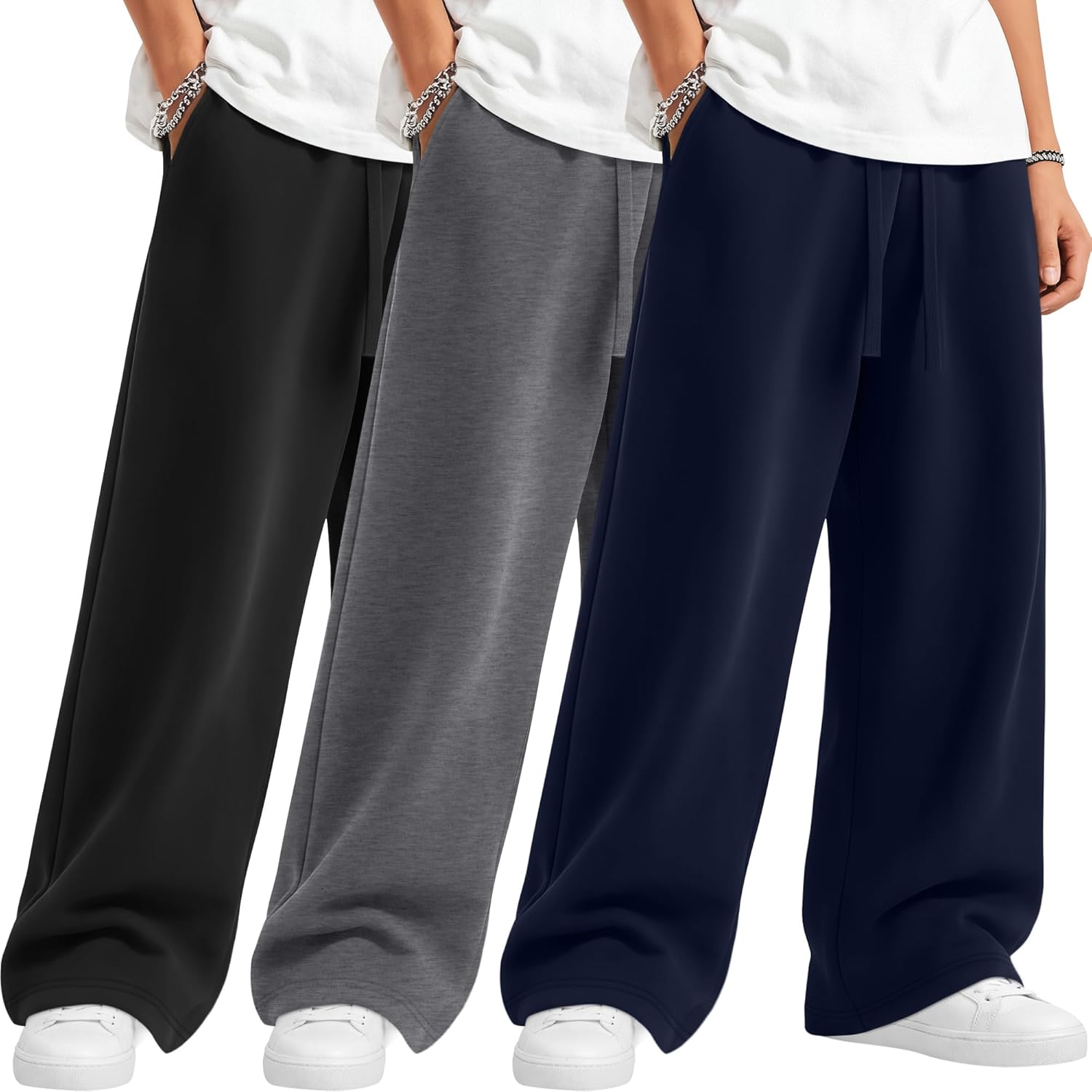 3 Pack Boy's Baggy Sweatpants Thin Straight Leg Open Bottom Athletic Pants Spring Drawstring Joggers with Pockets