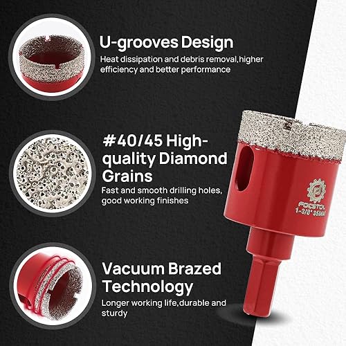 Miniatura 3 de FOCSTOL - Broca de núcleo de diamante de 1-38 pulgadas, 2 piezas de sierra de diamante de 1.378 in con vástago hexagonal para azulejos de porcelana,