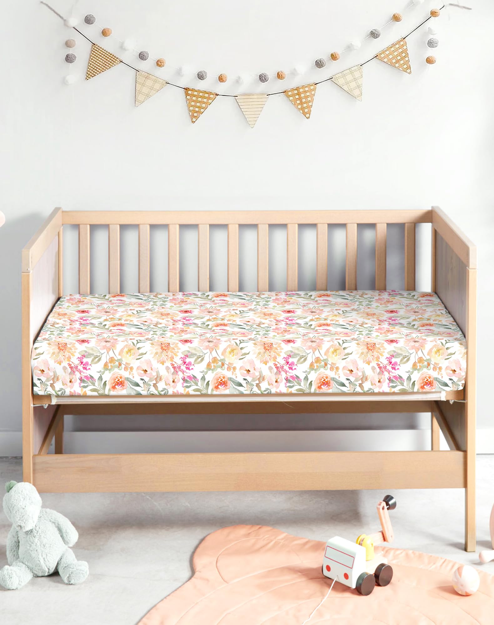 Sábanas para cuna para niños y niñas, paquete de 2 sábanas bajeras de punto jersey para colchón estándar de niños pequeños de 28 x 52 pulgadas, ropa de cama de bebé suave y transpirable (09-flor)