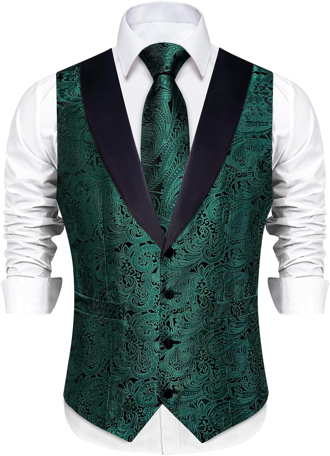 DiBanGu Mens Silk Vest and Tie Set 7PCS Paisley Suit Waistcoat and Necktie with Lapel Pin for Wedding Shawl Collar Dress Vest - Image 2