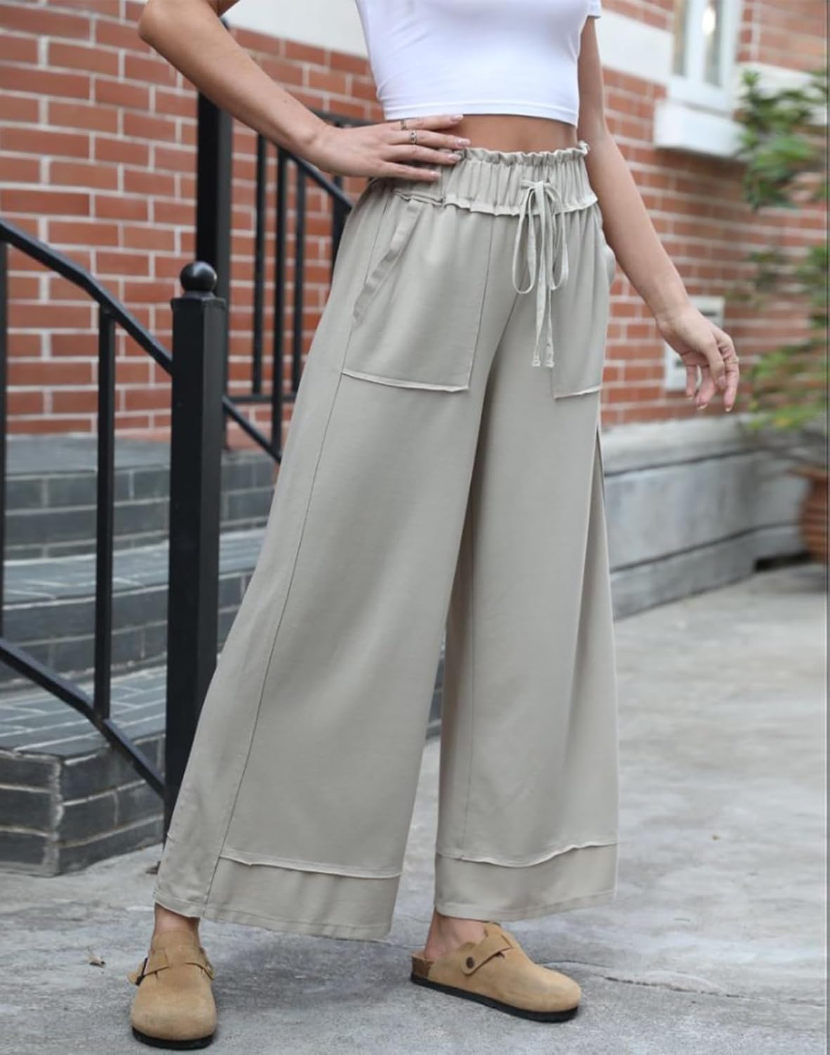 Womens Wide Leg Pants High Waisted Adjustable Drawstring Palazzo Pants Lounge Flowy Dress Trousers with Pockets - Image 3