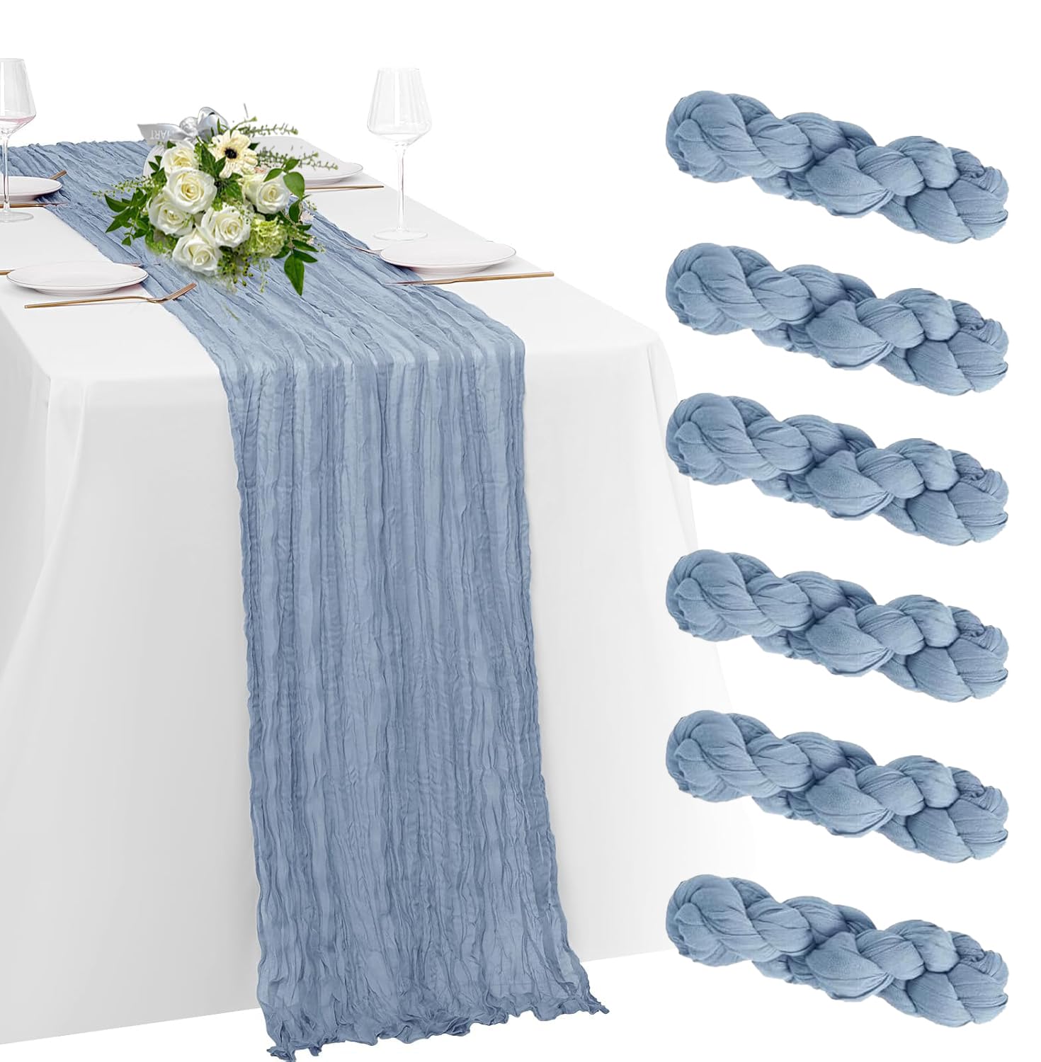 6 Pack Dusty Blue Cheesecloth Table Runner 23x120 inch Rustic Boho Gauze Table Runner 10 FT Long Sheer Cheese Cloth Fabric Table Runners for Romantic Wedding Bridal Shower Birthday Party Decor