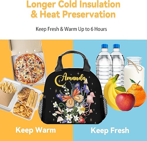 Miniatura 6 de Lonchera personalizada con nombre y mariposa para niñas y mujeres, bolsa de almuerzo aislada reutilizable personalizada con correa para el hombro,