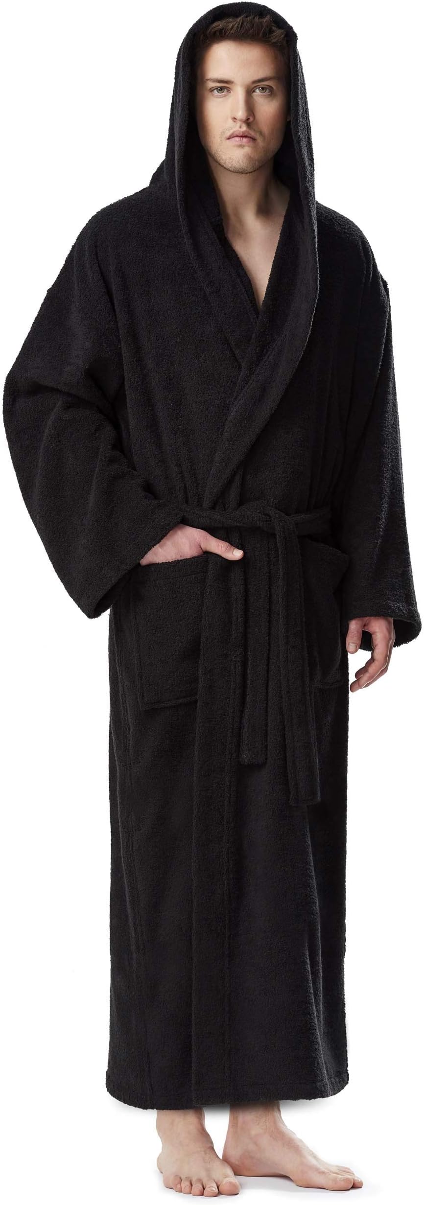 Men's Hooded Classic Bathrobe Turkish Cotton Robe with Full Length Options