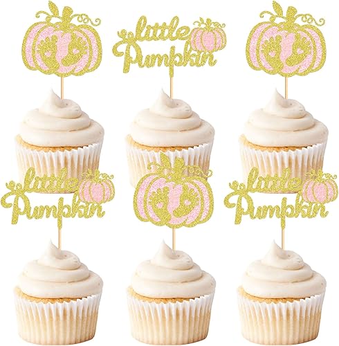 Keaziu Paquete de 24 adornos para cupcakes de calabaza para niñas, decoración de baby shower, pies pequeños, decoraciones de cumpleaños, selecciones
