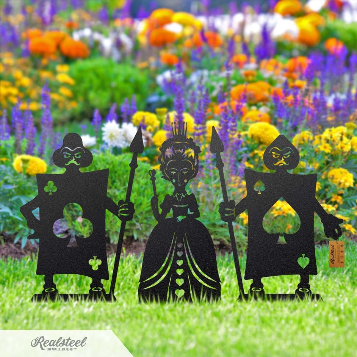 Alice in Wonderland Garden Stakes – Set 2: Queen of Hearts, Spade & Club Knights – Outdoor Decor – RealSteel Original – Rust – Weatherproof American Steel – Made in USA