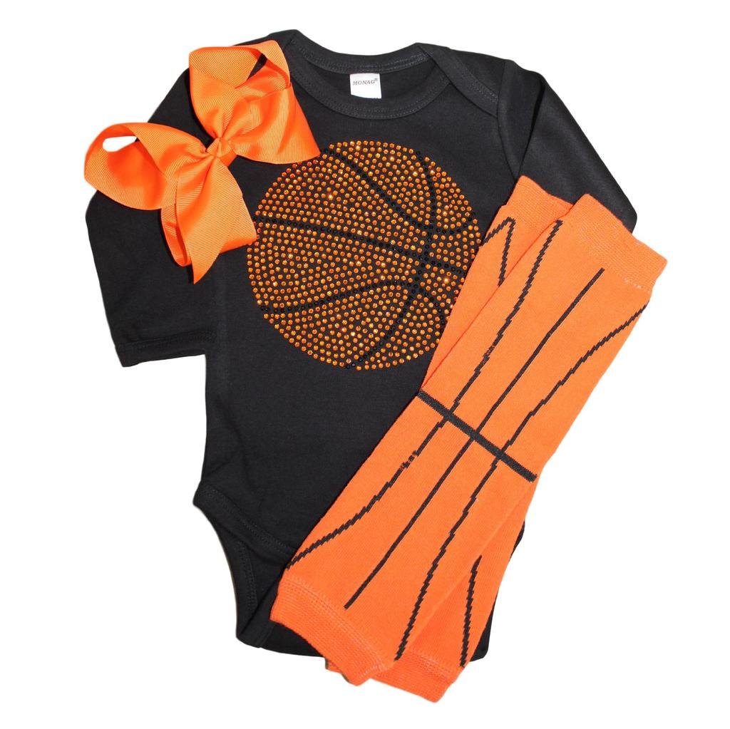 Rhinestone Baby Girls Basketball Black Outfit, Orange Basketball Leg wamers & Bow