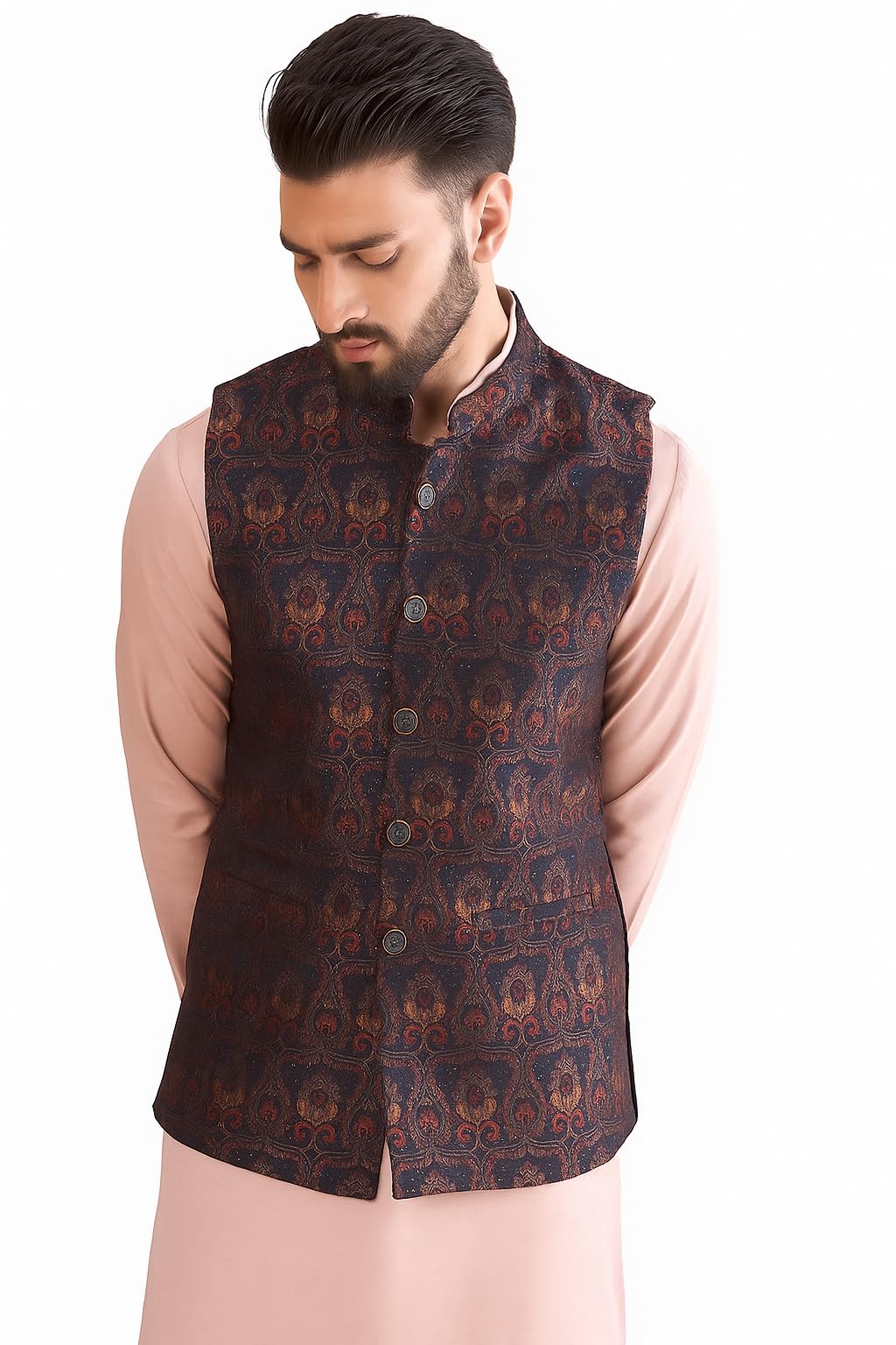 Mens Woven Design Mandarin Collar Nehru Jackets | Sleeveless Jacket | Ethnic Wear-image-21