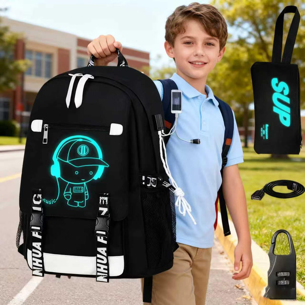 School Backpack for Boys Print Backpack Teenagers Anime Large School Bag Outdoor Reflective Daypack.Luminous Pattern Travel Laptop Backpack - With Usb Charging Port Headphone port - Image 9