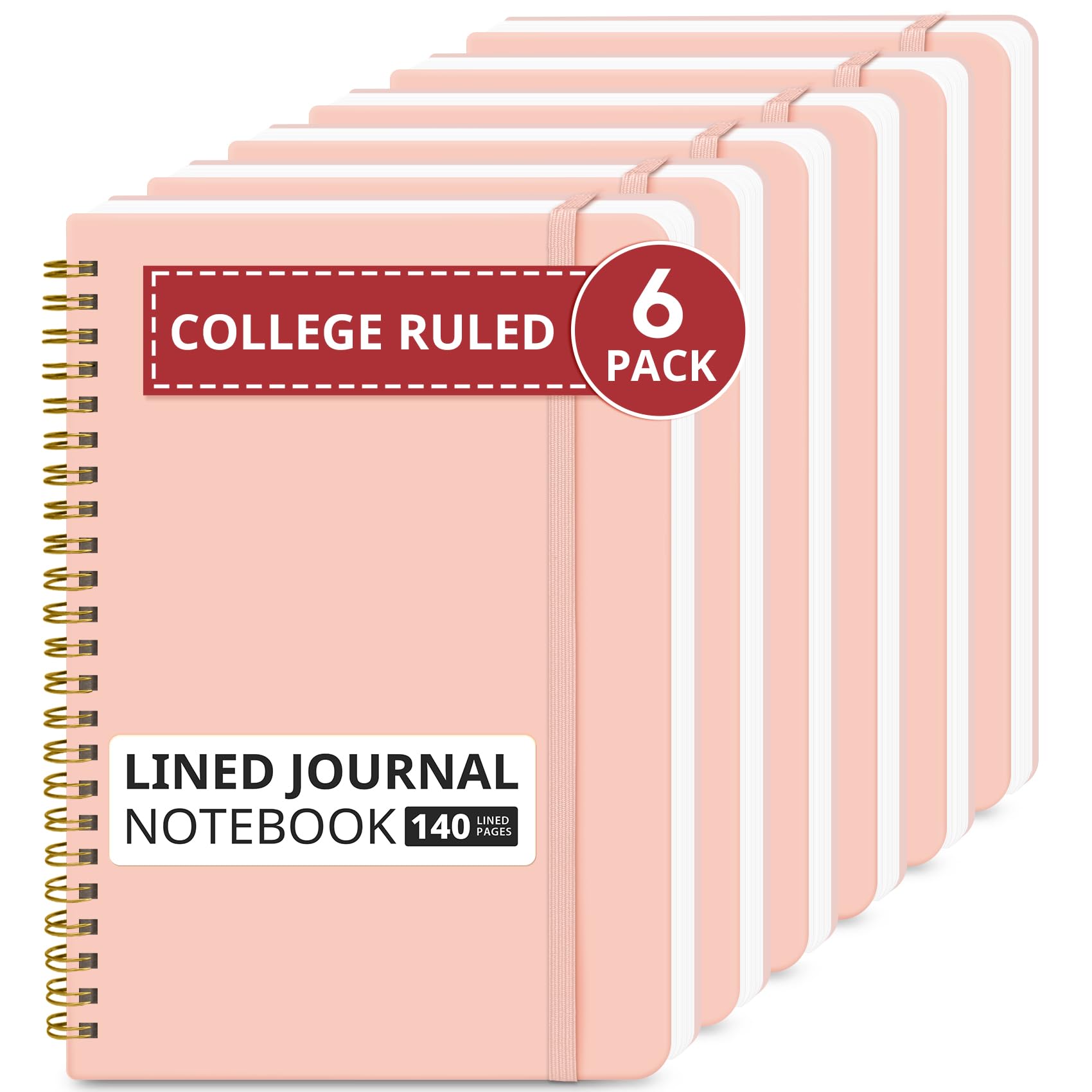 Lined Spiral Journal Notebook for Women, 6 Pack, 140 Pages, College Ruled Hardcover Notebook for Work & Note Taking, 6 Pcs, Journals for Writing, A5(6"x8") - Pink