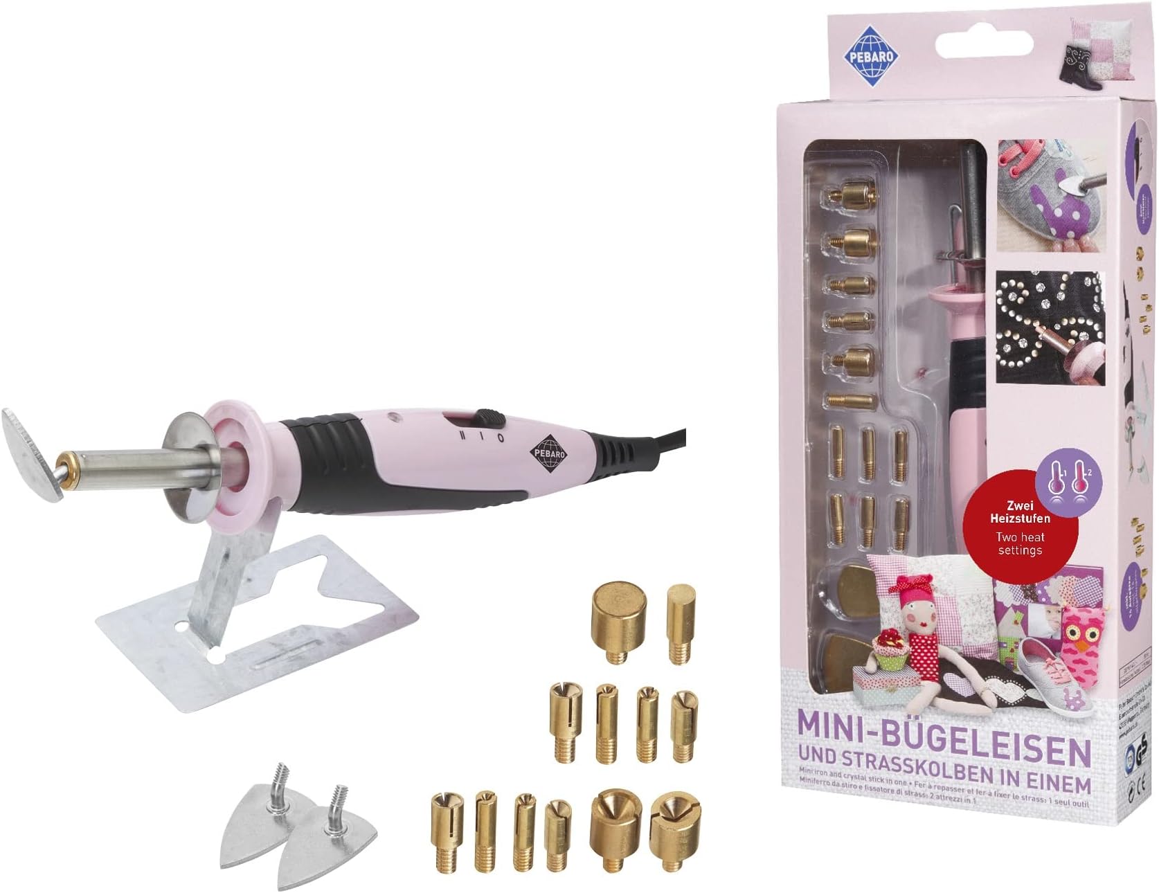 Pebaro Mini iron and rhinestone flask in one, with 14 attachments for design work with fabric and rhinestones, perfect for DIY crafts.