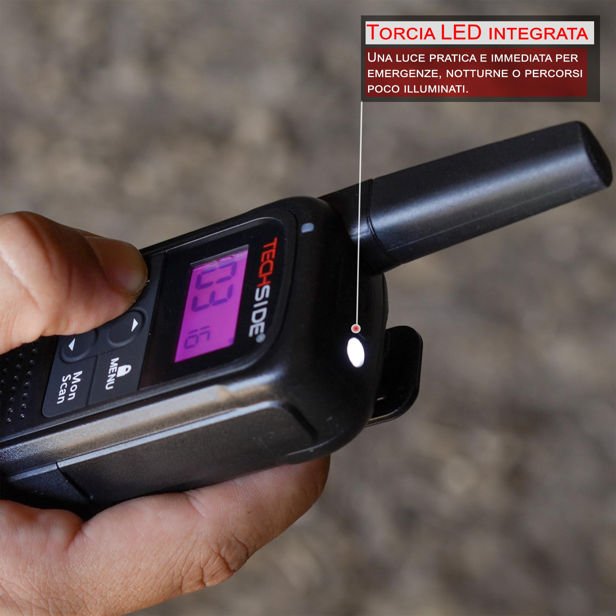 TechSide TS-T3 Go Ricetrasmittente PMR446 16 Canali 10 km USB-C Torcia LED 2 Pezzi