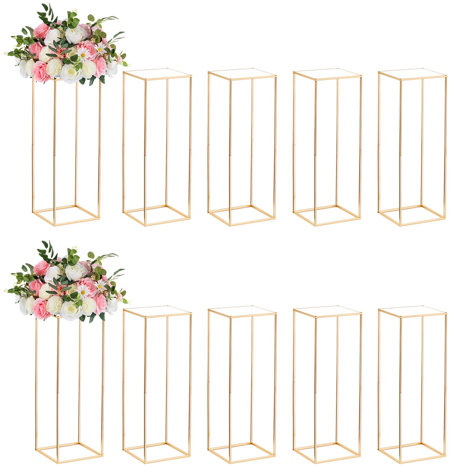 NUPTIO 10 Pcs Gold Vases for Wedding Centerpiece Tables, Metal Flower Floor Vase Column Flower Stand, 80cm Tall Geometric Flower Vase, Rectangular Flower Display Rack for Home Party Wedding Decor