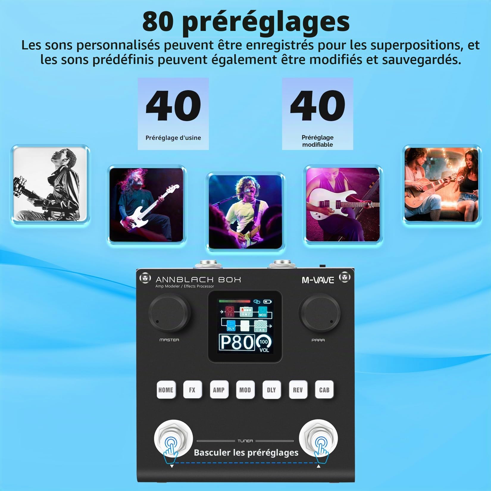 M-VAVE ANN Boîte à Pédales Noire Multi-Effets pour Guitare - 80 Préréglages Éditables avec APP Créez Vos Paramètres, Batterie Intégrée