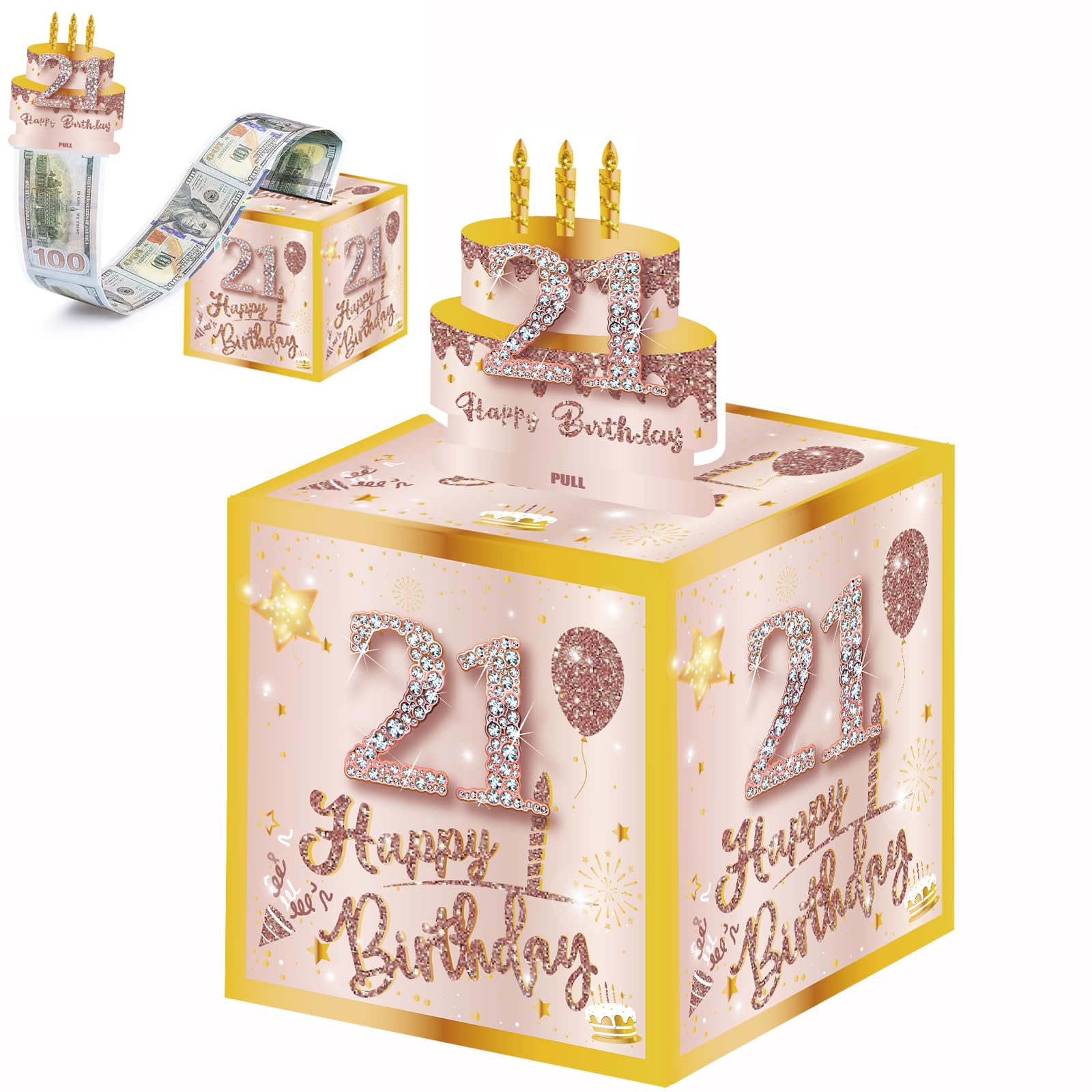 Muiltvoe Boys Color-Rose Gold Happy 21St Birthday Money Box For Cash Gift,Rose Gold Pull Surprise Money Gift Box For 21St Birthday Presents,Money Cake Pull Out Cash,21St Money Box,Happy Birthday Money Gift Box For Girls