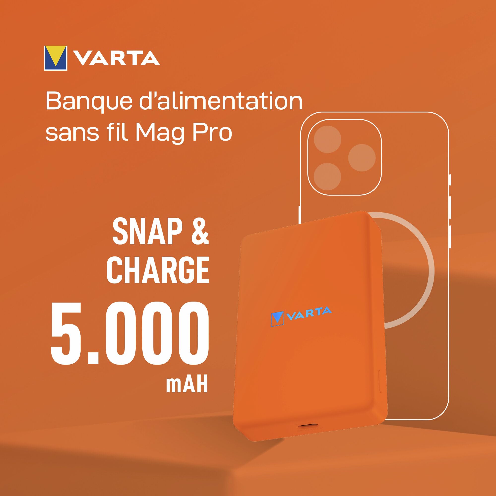 VARTA Power Bank 5000 mAh, Mag Pro, magnétique, sans Fil, Coloris Orange