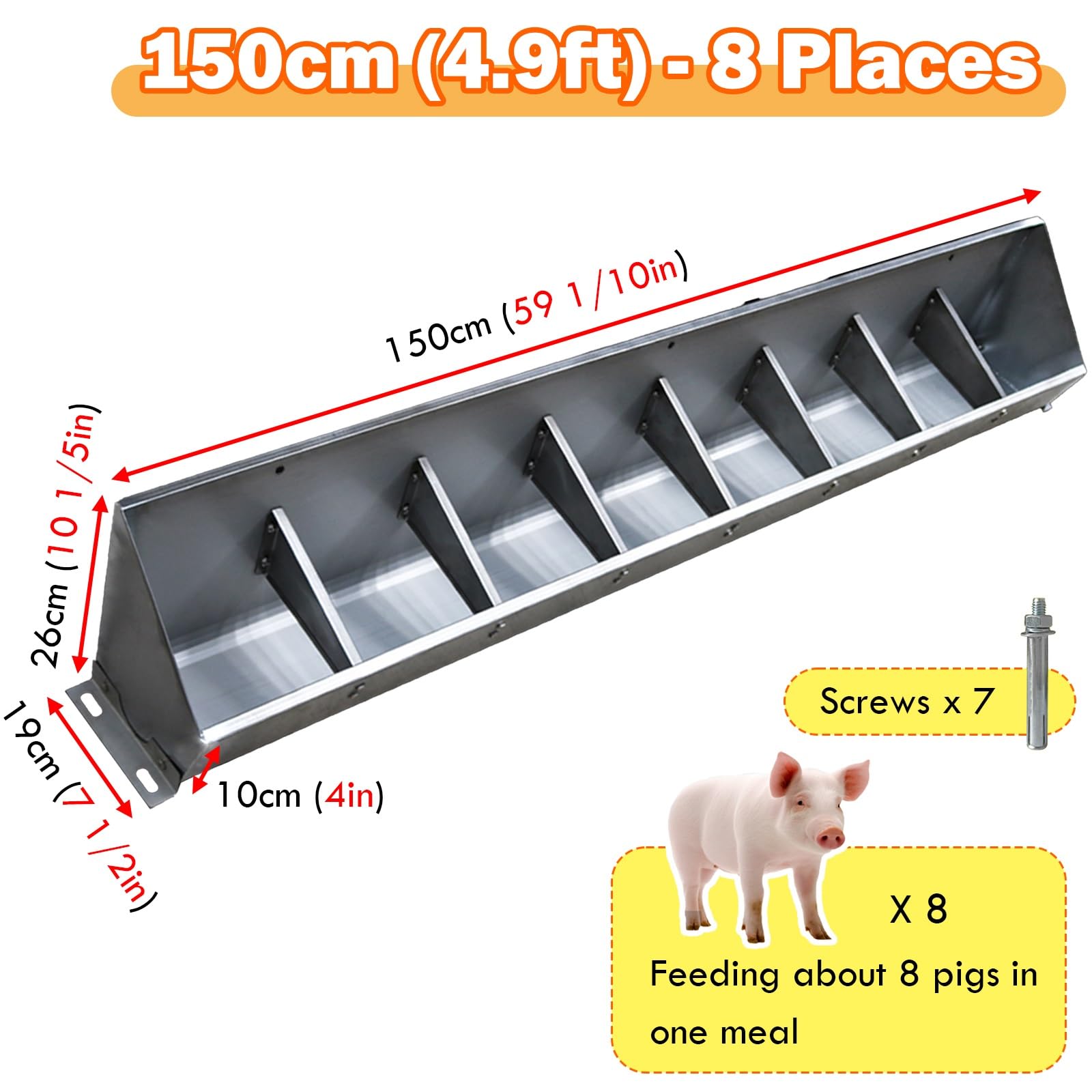 Comedero Grande para Ganado (Cerdos, Vacas y Cabras) - Comederos y bebederos duraderos para heno, Opciones de 4/5/8/10 plazas, 150 cm de Largo (4,9 pies) Animales de Granja