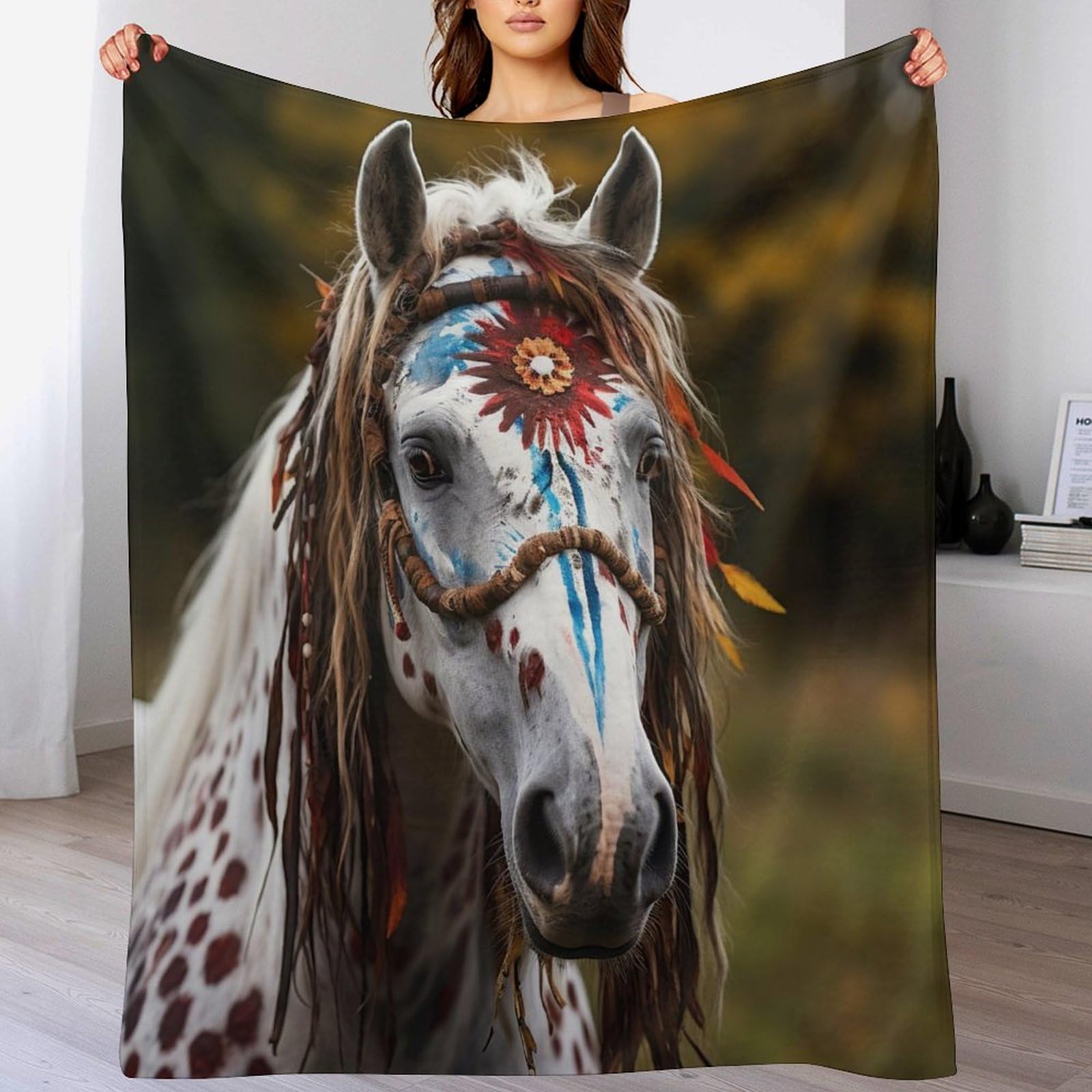 Couverture en flanelle motif cheval pour vos soirées canapé