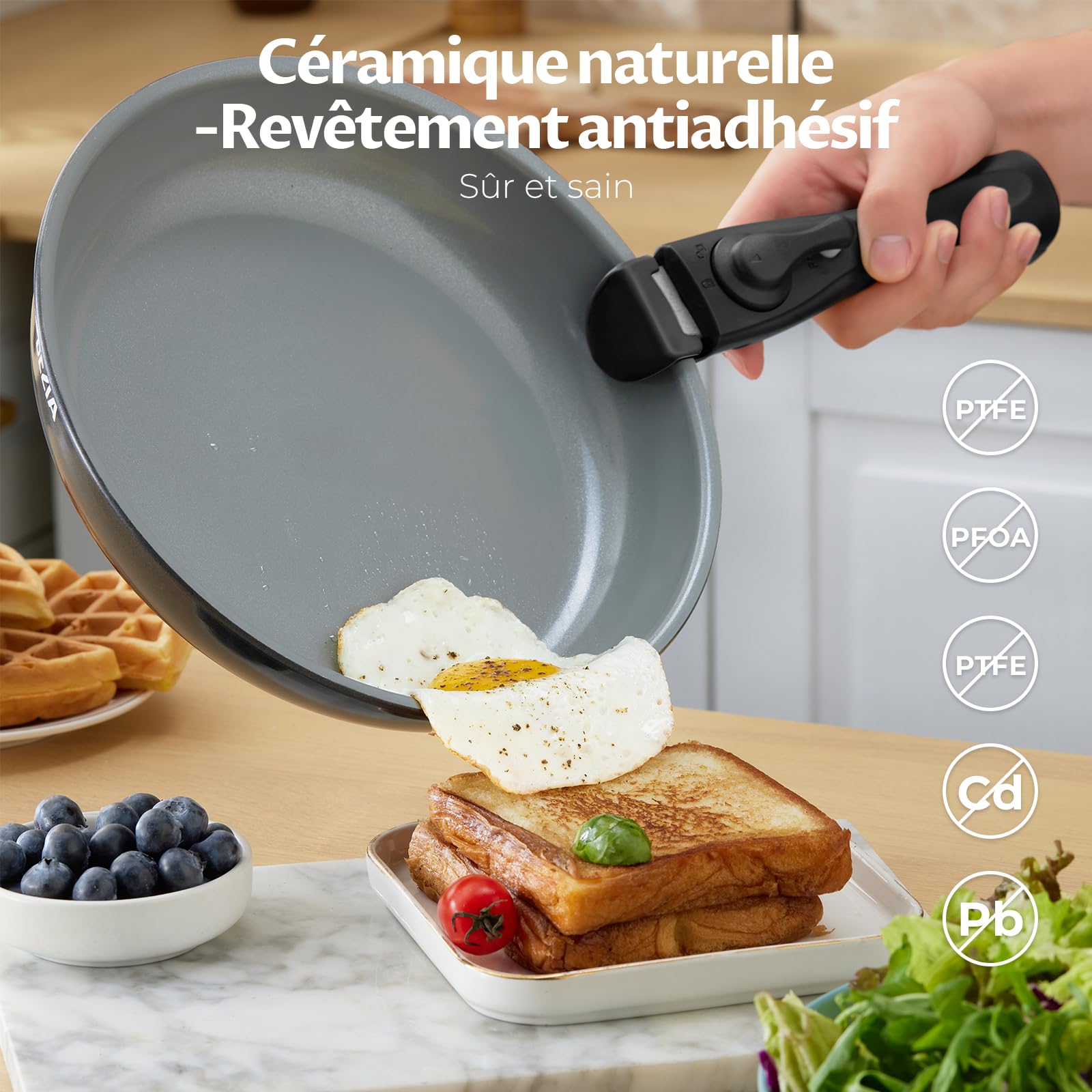 BEZIA Poêle en céramique avec poignée amovible – Set de 9 casseroles à induction antiadhésives avec couvercle, pour tous les types de cuisinières, casseroles empilables, passent au four et au