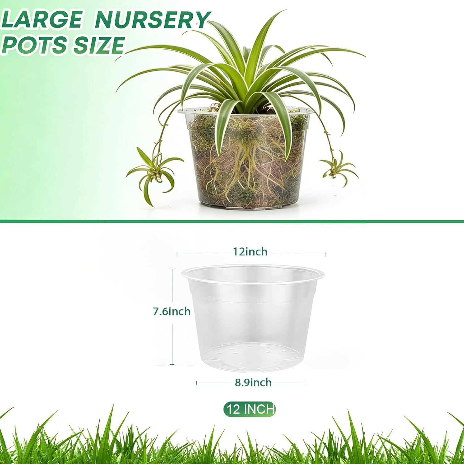 5 pack 12 inch large clear nursery pots with drainage hole, plastic plant pots for seedlings flowers vegetable, indoor outdoor gardening, used as liners inside decorative pots (12 inch) 12 inch-5pcs