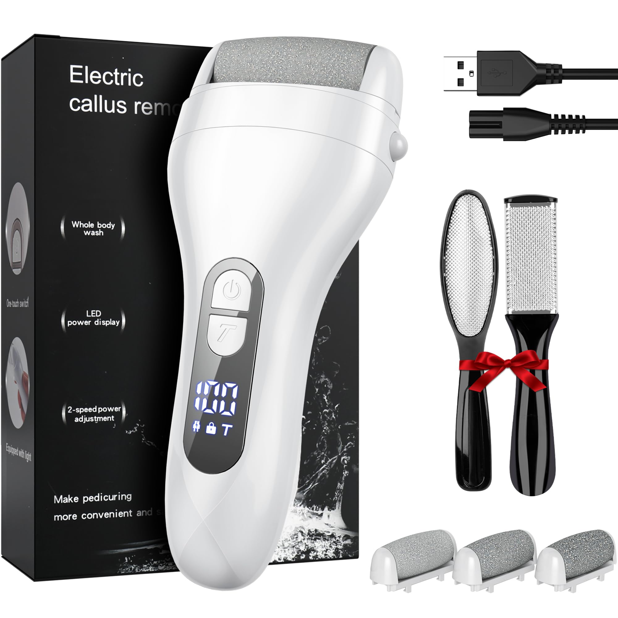 Removedor de callos eléctrico, profesional con 5 rodillos de repuesto, para eliminar callos y callos con 2 espátulas