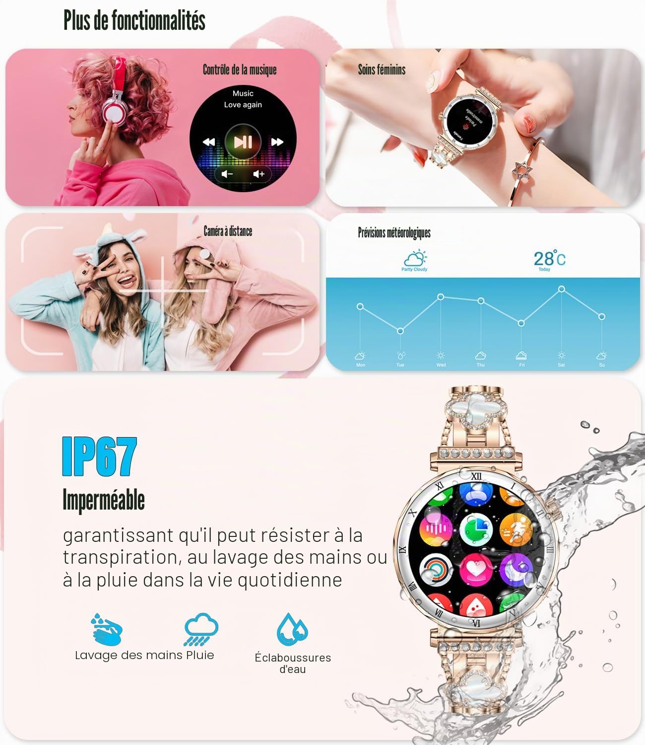 Montre intelligente pour femmes, écran AMOLED HD de 1,19" - Smartwatch pour femmes, bracelet de fitness avec moniteur de fréquence cardiaque/sommeil, appel Bluetooth, étanche IP67, compatible avec iOS