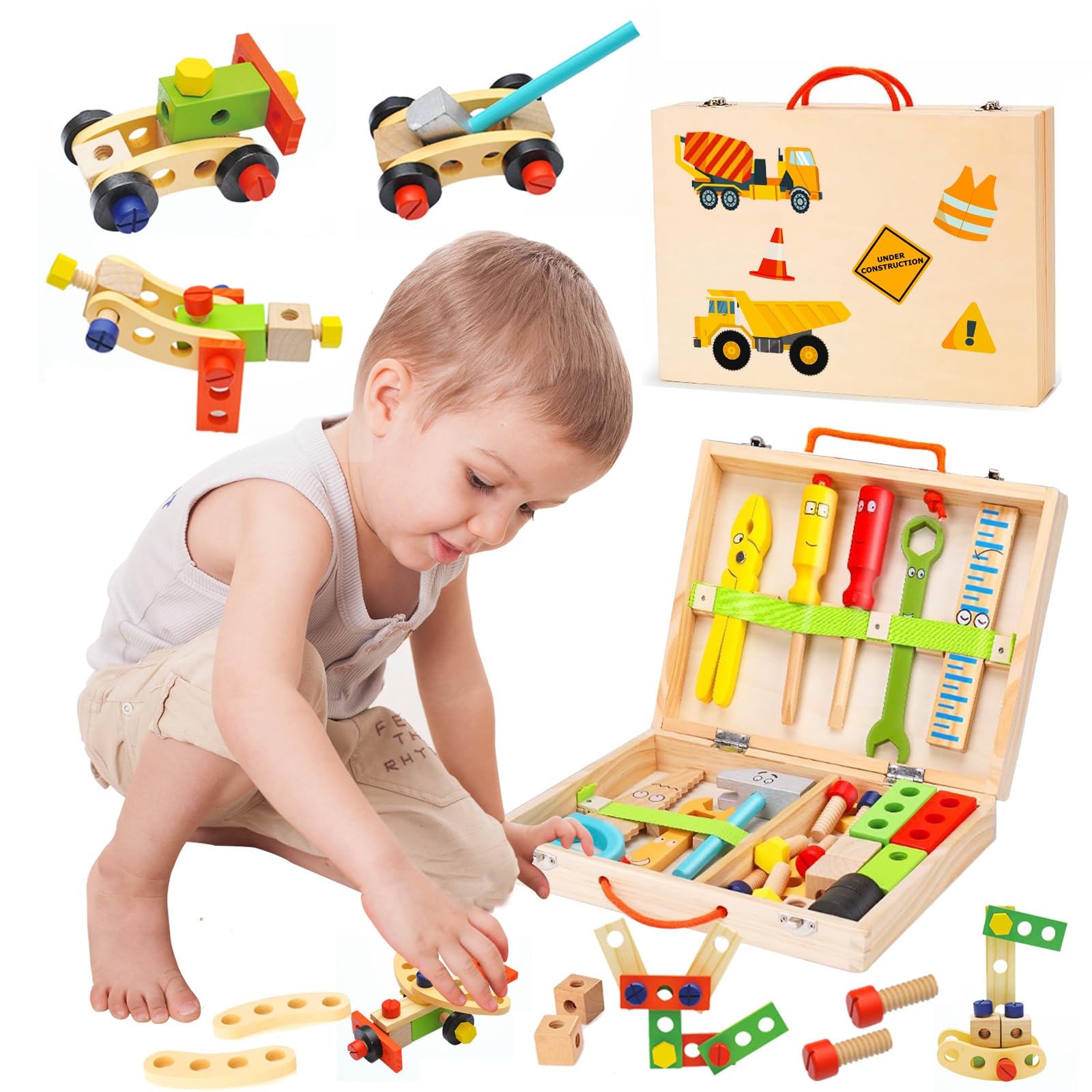 Tool Kit for Kids - 41 Pcs Wooden Toddler Tools Set Include Tool Box & DIY Stickers, Montessori Educational STEM Construction Toys for 2 3 4 5 6 Years Old Boys Girls, Birthday Gift for Kids