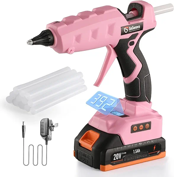 Full Size Cordless Glue Gun, GoGonova 20V Temp Adjust LCD Digital Display Fast Heating Accurate Dual Temp, Dripless Full Size Heavy Duty Hot Gun Kit with 12 Pcs Sticks (Battery Included)