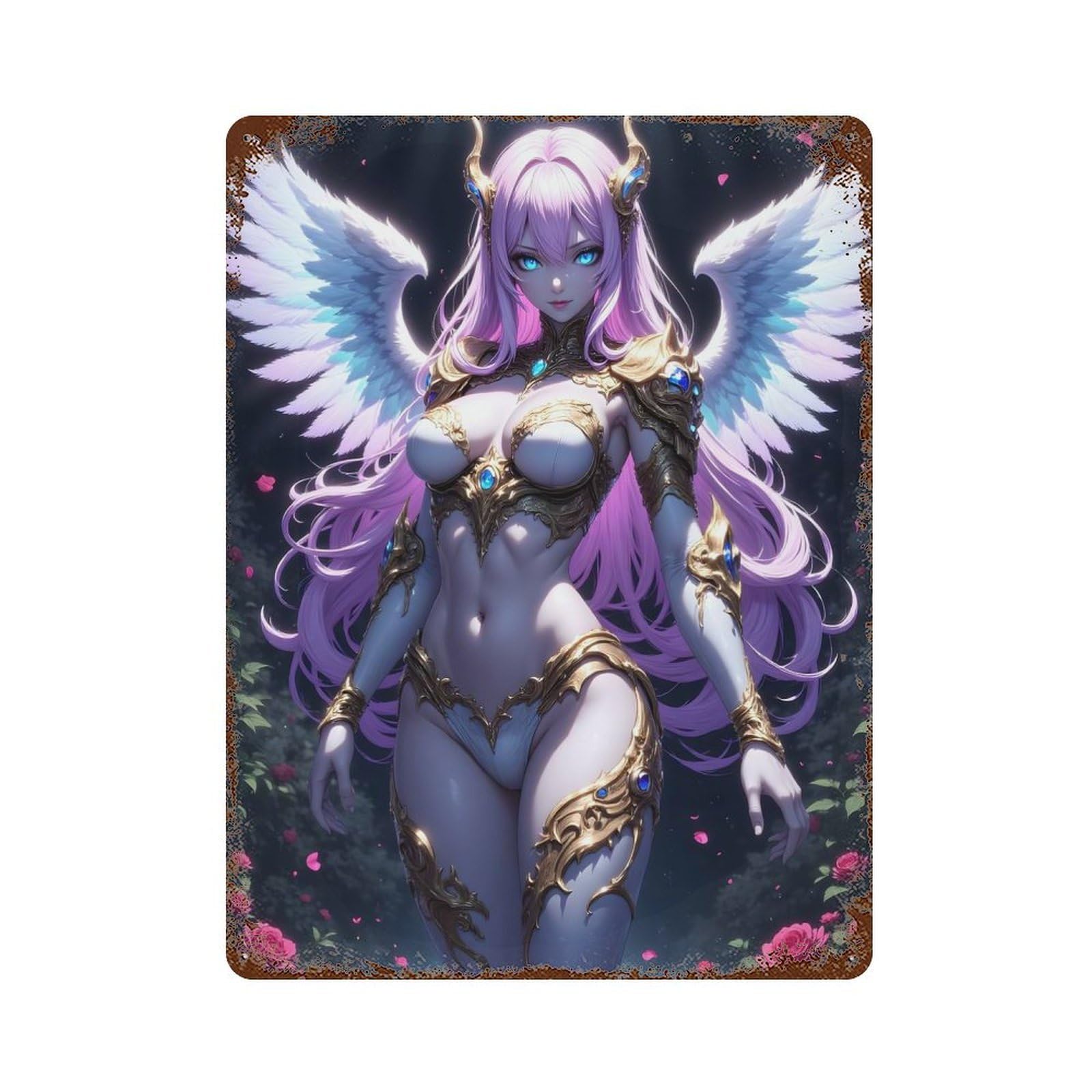 Rustic Tin Plaque with Anime Angel with Wings And Armor Design 15.7"x11.8", for Cafe, Home Bar And Lounge Decor, Novelty Wall Decor