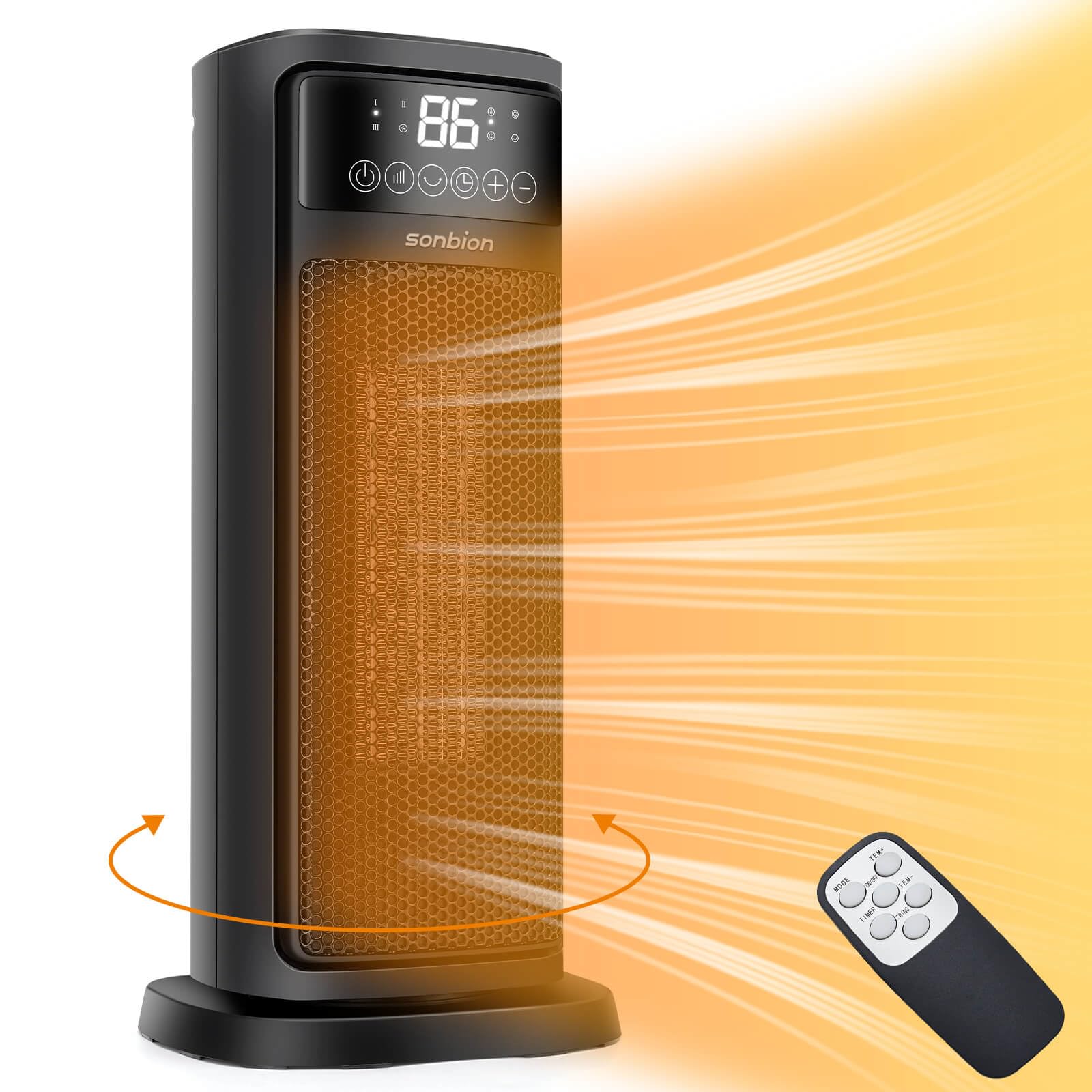 SONBION Heaters for Indoor Use, Space Heater with Thermostat, 1500W Fast Heating Electric Heater with Remote for Home Office Room, 0-12H Timer, 70 Oscillation Heater, Overheating & Tip-Over Protection