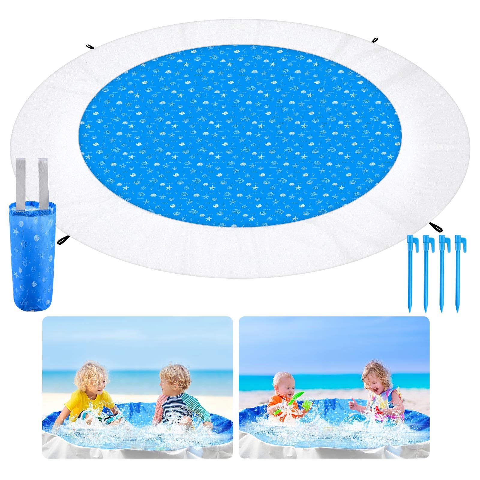Nuanchu Summer 6.5 x 6.5 Feet Baby Beach Pool Waterproof Kiddie Pool and Beach Blanket Round 2 in 1 Toddler Paddling Pool Beach Mat for Baby Infant Kids Toddlers Boys Girls, Blue