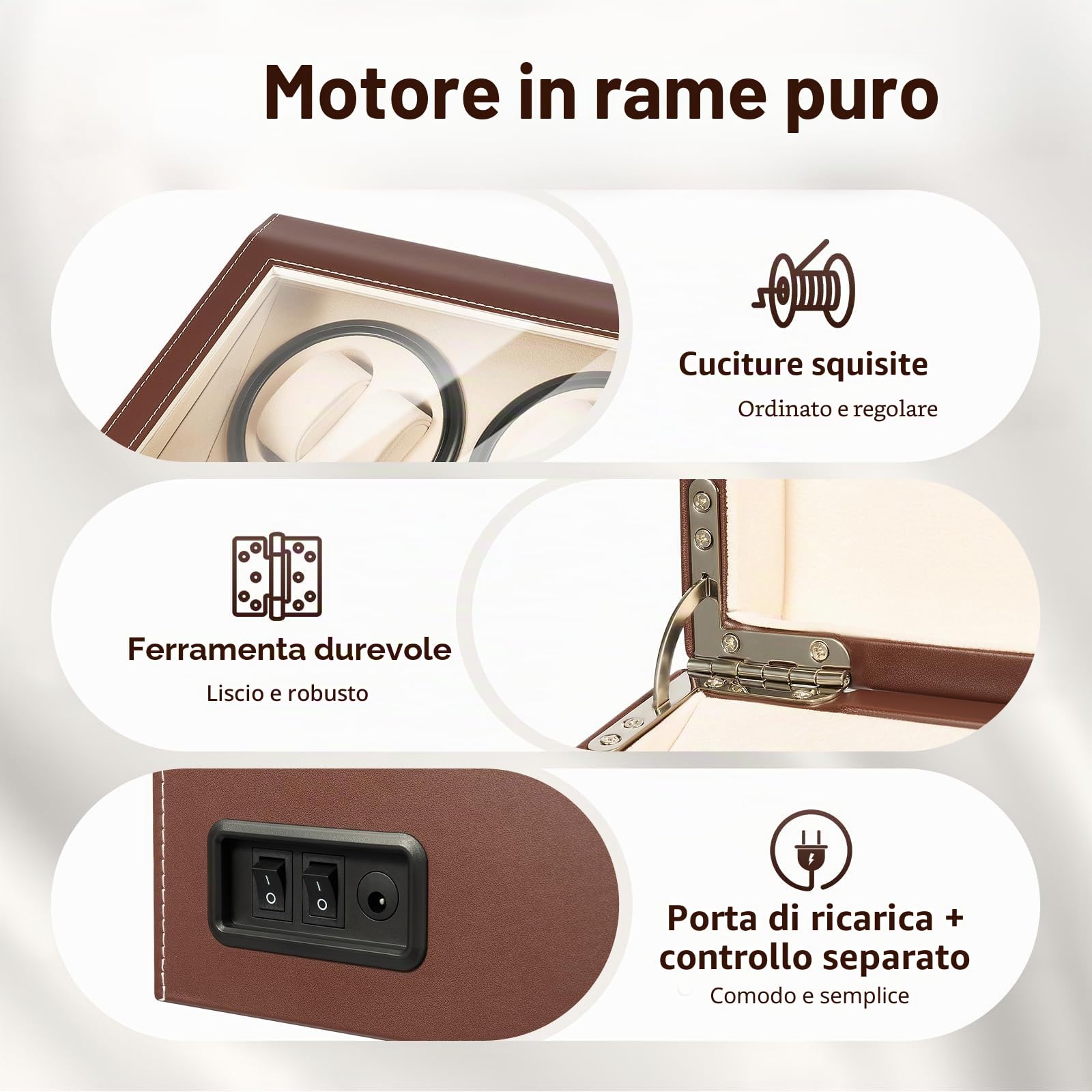 Scatola di carica-orologi automatica, per 4 orologi automatici + 6 griglie, silenziosa (marrone), Nero , Moderno