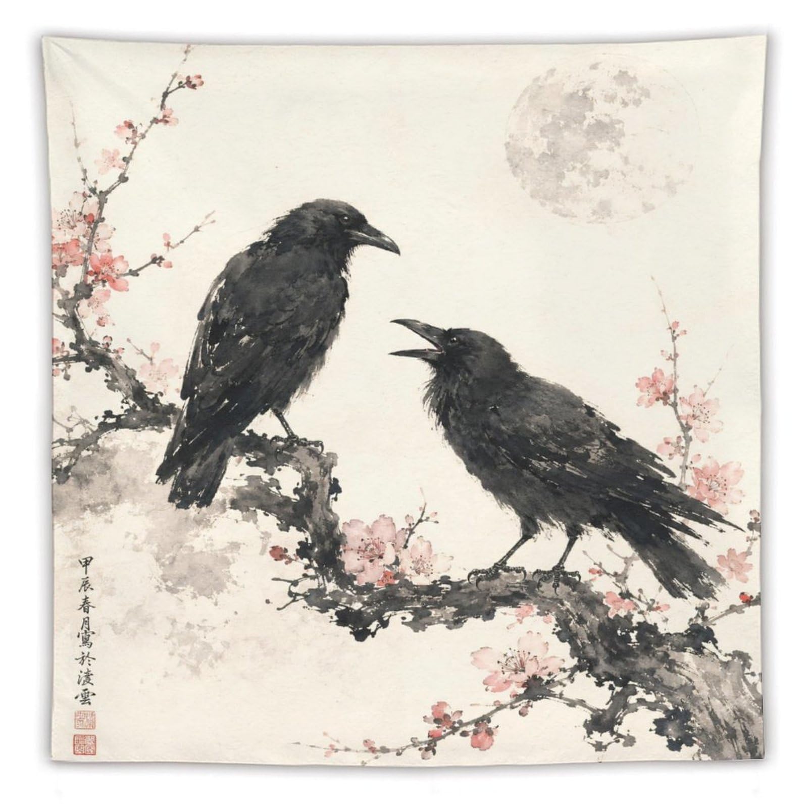 H3B8U2Y5 Raven Pair with Moon Wall Tapestry, Ukiyo-e Style, Moonlit Stage