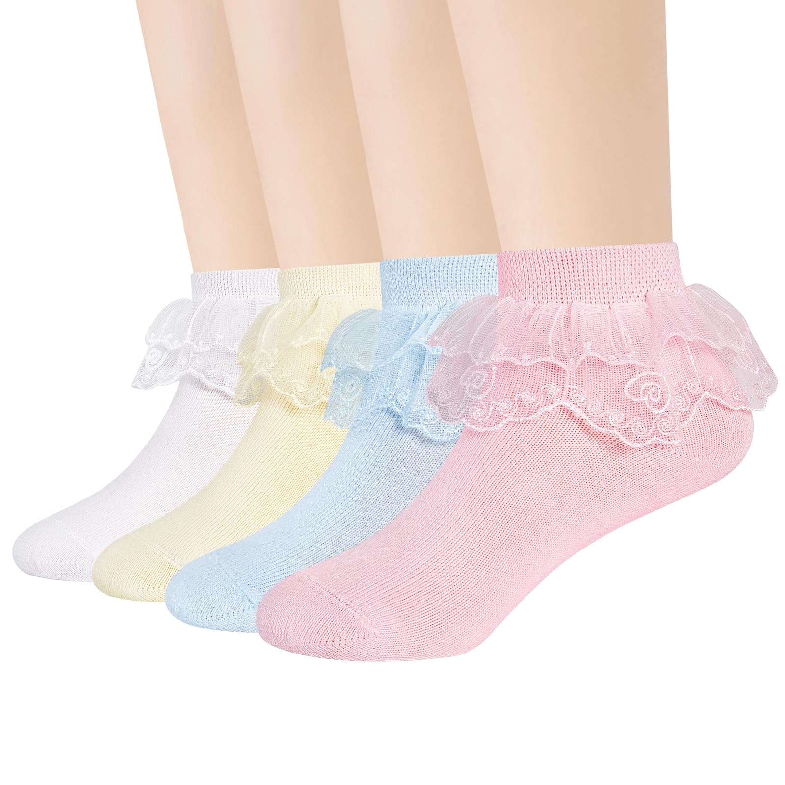 LoochingLooching Toddler Baby Girls Ruffle Socks Lace Trim Princess Cotton Solid Ankle Frilly Dress Sock for Kids Child 4 Pack