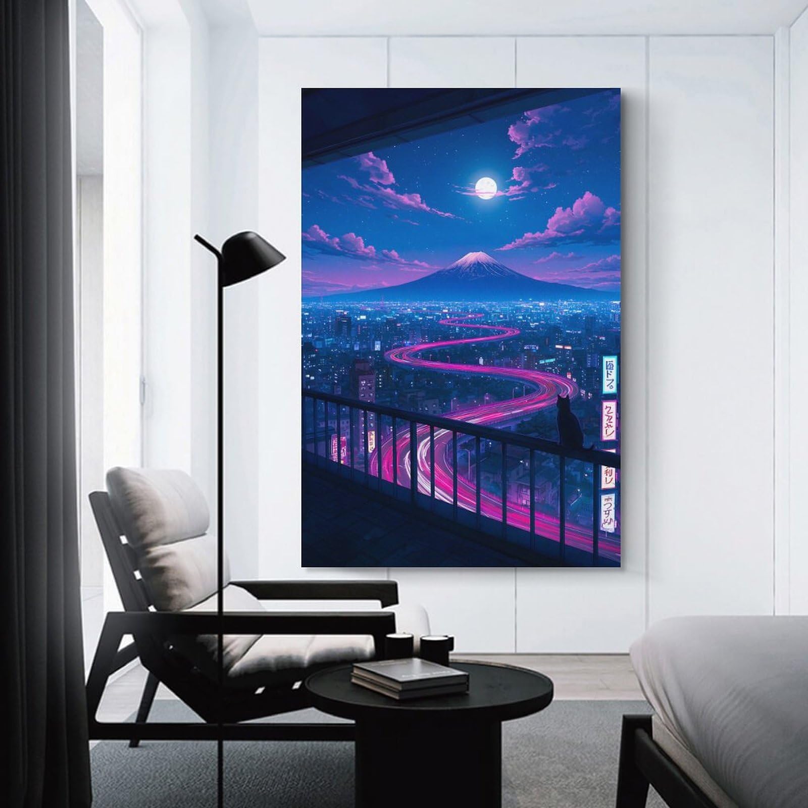 Junmoney Night Cityscape with Mount Fuji Canvas Wall Picture, 20x30inch(50x75cm), for Wall Displays, Bedrooms Or Room Updates, Wall Decor Suited to Curated Displays