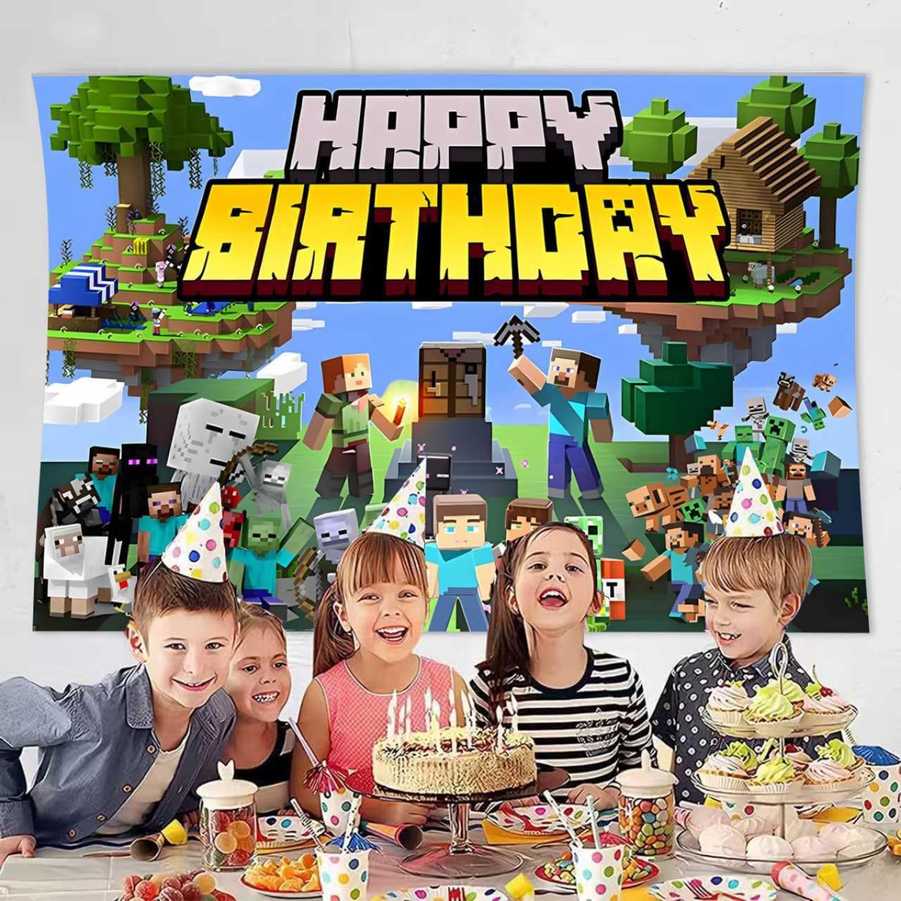 Pixel Birthday Party Decorations,Happy Birthday Banner Backdrop for Birthday Party Supplies