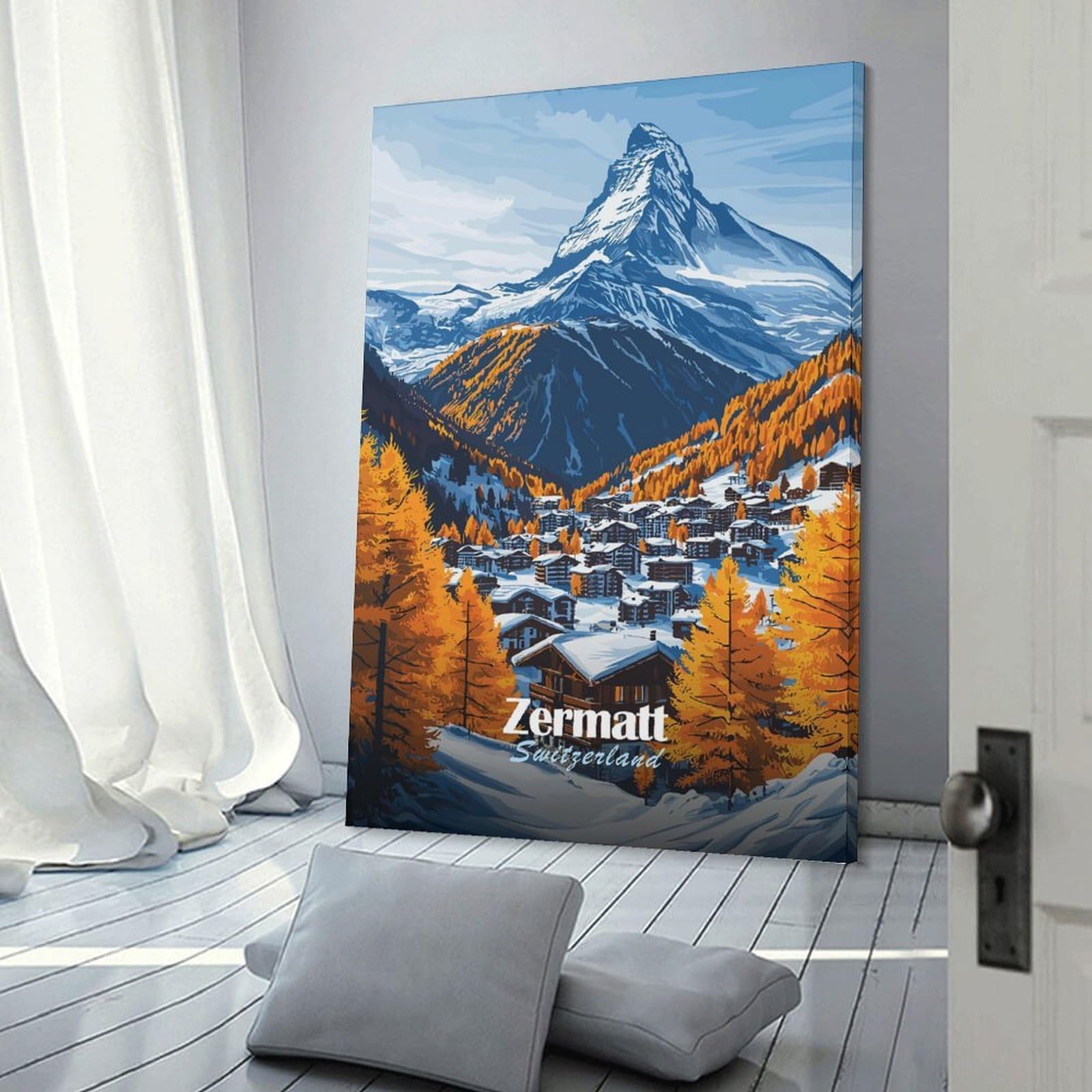 Junmoney Wall Picture Print Zermatt Switzerland Mountain Village, 12x18inch(30x45cm), for Entryway, Lounge Links Or Small Walls, Home Artwork for First Impressions