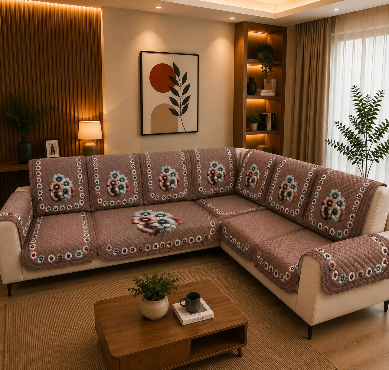 7 Seater L Shape Floral Printed Sofa Cover for L-Shape Sectional, Brown-Pack of 14-picture-17