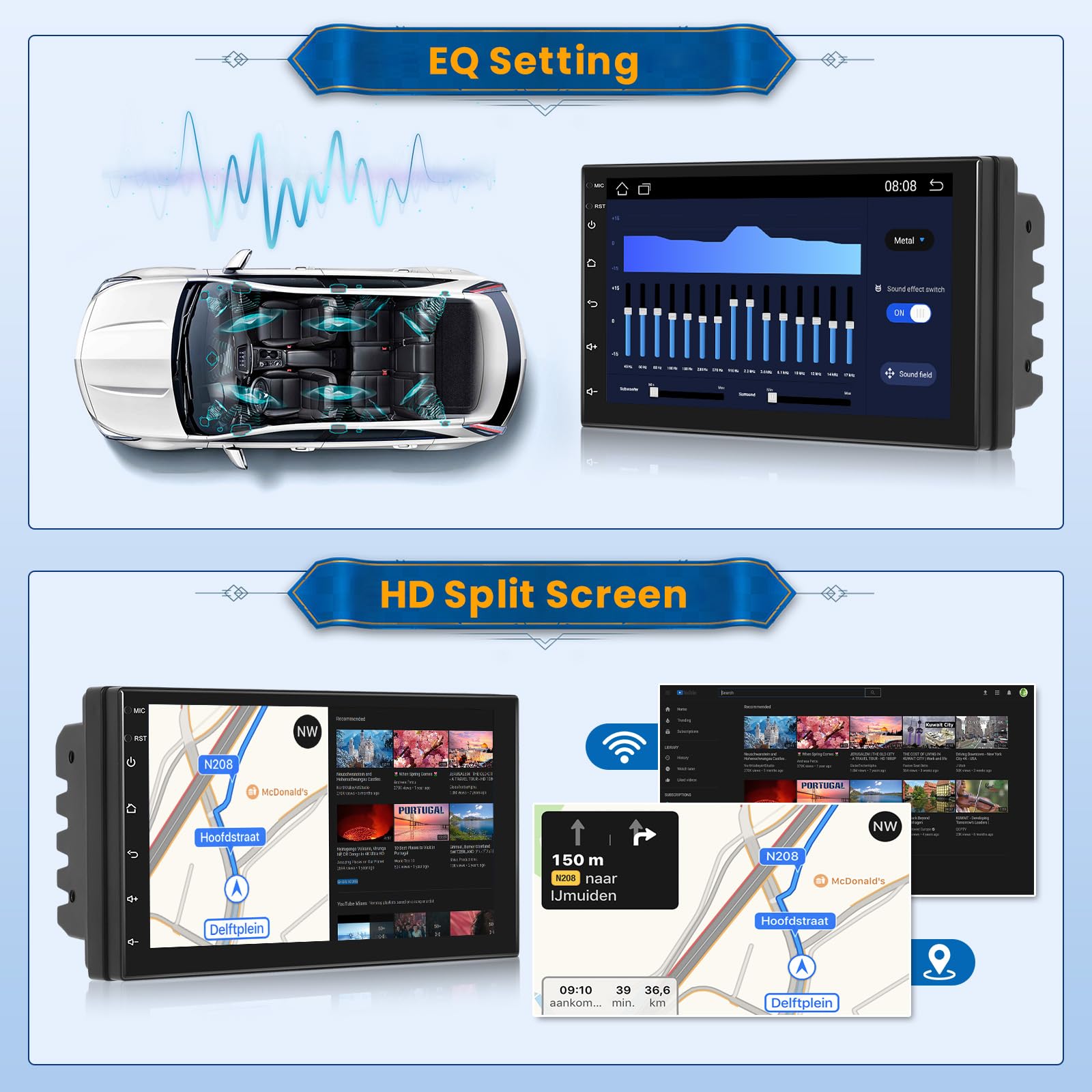 Inefala 2 Din Android Car Stereo z zestawem głośnomówiącym Bluetooth (1 + 16 GB), 7-calowy ekran dotykowy 2 Din Android Car Stereo Obsługuje GPS/WiFi/Mirror Link/Radio FM RDS z tylną kamerą