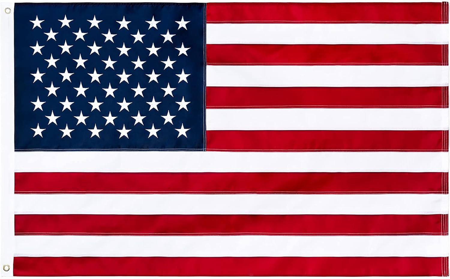 American Flag 5x8 ft Outdoor Heavy Duty, Embroidered Stars & Sewn Stripes, 100% Polyester Fabric, Brass Grommets, Fade Resistant, Double Stitched