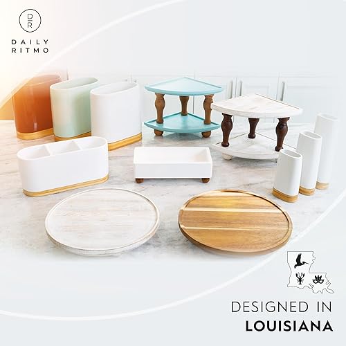 Miniatura 10 de DAILY RITMO Estante esquinero de madera para mostrador  Organizador de baño apilable gris y blanco  Bandeja de granja, estantes de madera elevadores