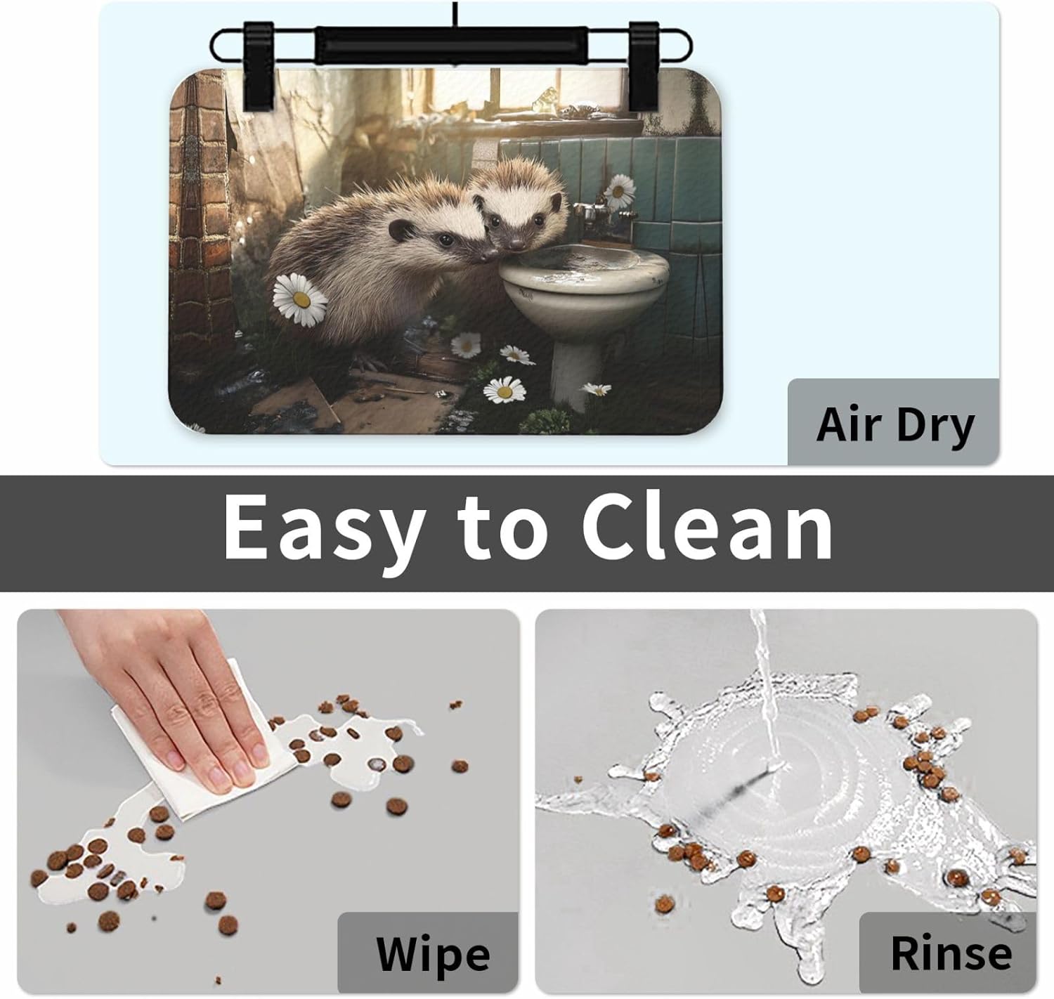 Smart Hedgehog Pet Feeding Mat Dog Cat Eating Food Absorbent Leather Tablecloth for and Water Bowl Waterproof No Stains Quick Dry Non-Slip 23.62 * 15.75IN
