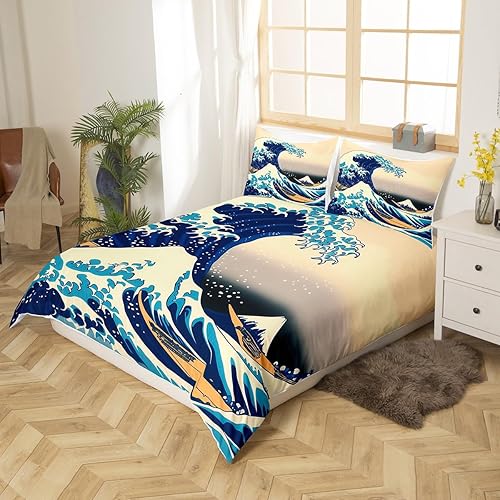 Miniatura 3 de Erosebridal Juego de funda de edredón tamaño Queen con diseño de olas y temática de Ukiyo-e, juego de ropa de cama adecuado para adultos,